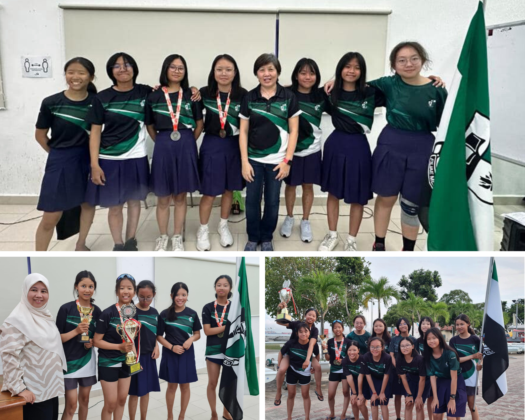 Three group photos of girls in matching green and black uniforms, some holding trophies and medals, posing with coaches.